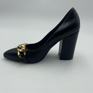 Black Leather Block Heel Pumps with Gold Chain Accent